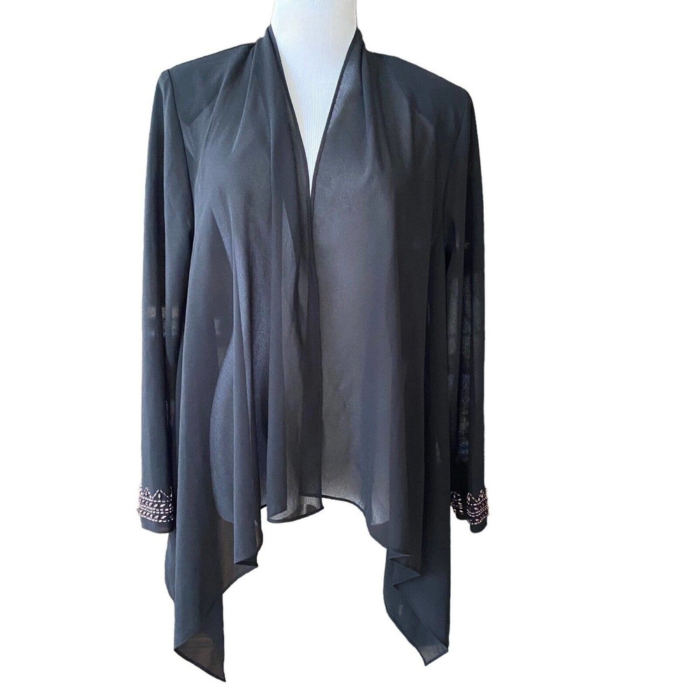 Coldwater Creek 10 Black Sheer LS Beaded Open Front Jacket Shoulder Pads K117